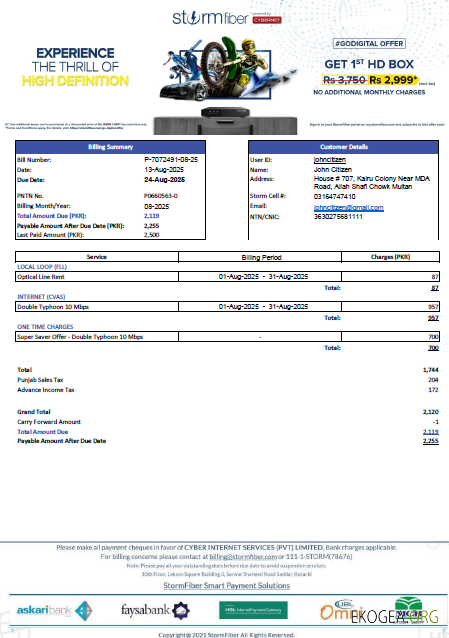 Pakistan StormFiber utility bill template in Word and PDF formats